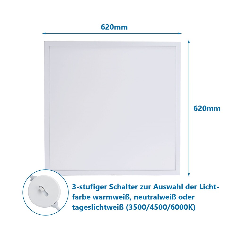 LED Panel 62x62cm Rahmen weiß 3CCT 40W 3000/4000/6500K 5300lm L620xB620xH27mm