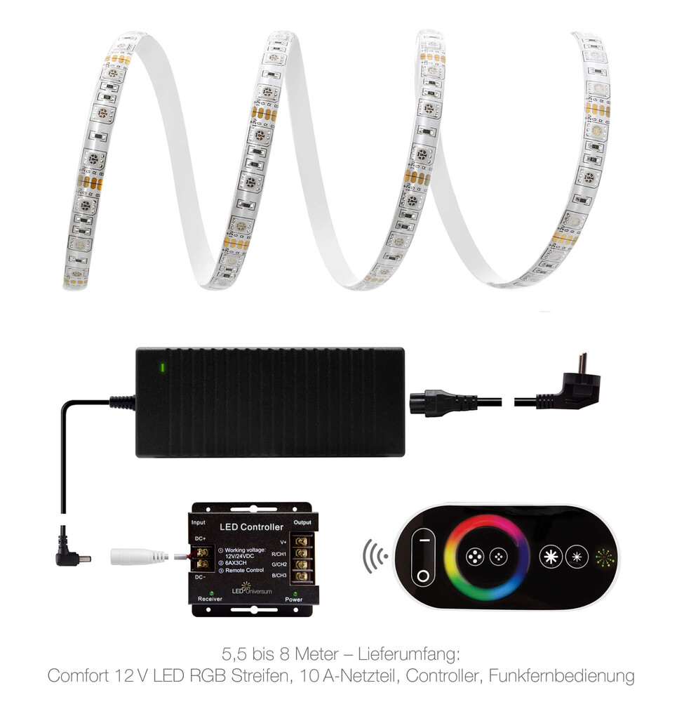 Hochwertiger, farbenfroher LED Streifen von LED Universum mit intensiver Ausleuchtung und praktischer Fernbedienung zur individuellen Steuerung