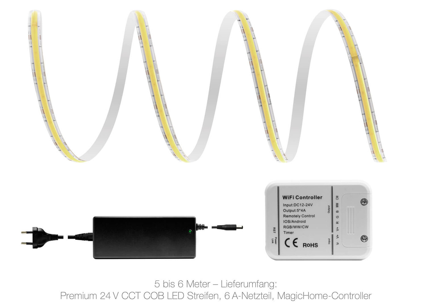 Qualitativer high-end LED Streifen von LED Universum - Premium 24V CCT COB mit IP65 Wasserbeständigkeit und WLAN-Set Magic Home
