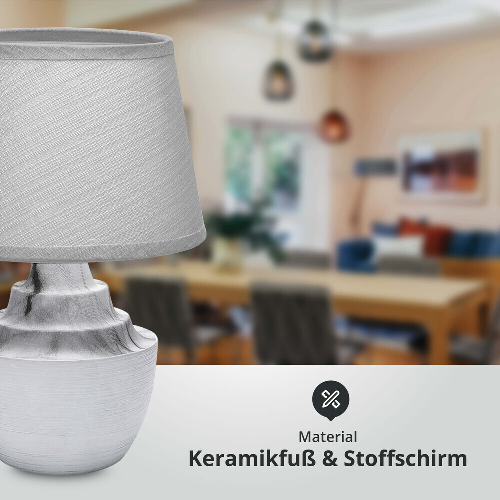 Graue und weiße, runde Tischlampe mit einem Sockel aus E14 Keramik von LED Universum