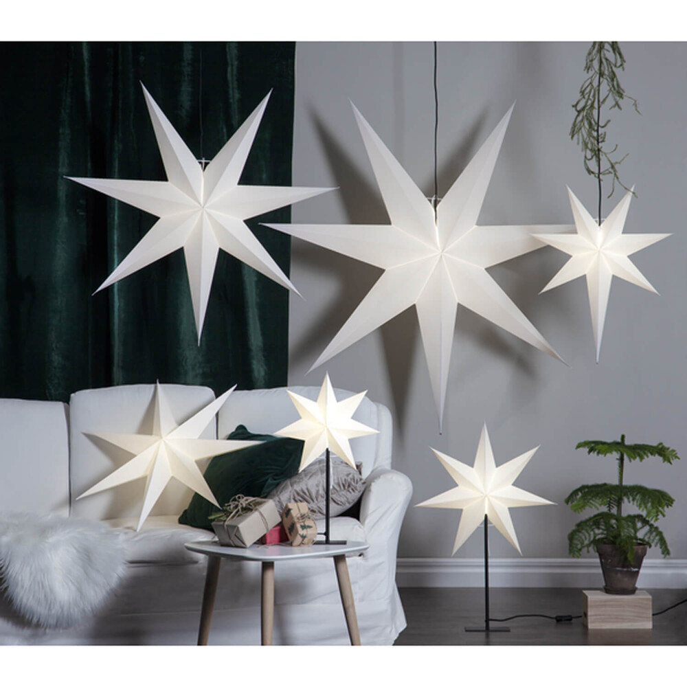 Stilvoller weißer Stern von Star Trading mit schwarzem Textilkabel