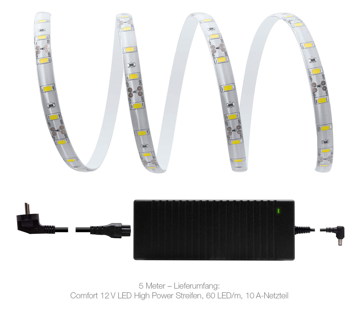 Hochleistungs-LED-Streifen in kaltweiß mit integriertem Netzteil und wasserabweisender IP65-Schutzart von LED Universum