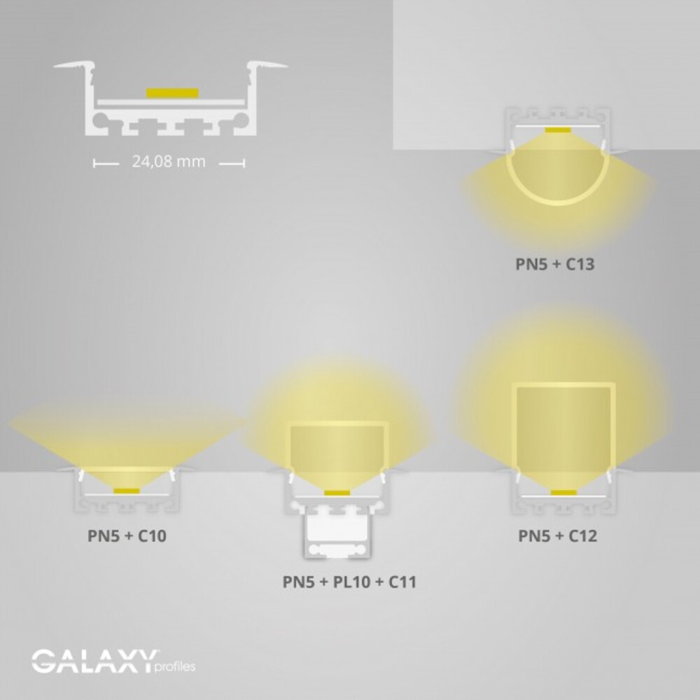 Weißes LED Profil von GALAXY profiles mit flachen Flügeln und maximaler Streifenbreite von 24 mm