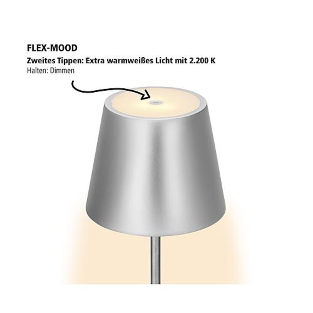 Elegante silberne mobile Tischleuchte von SIGOR mit LED-Akku