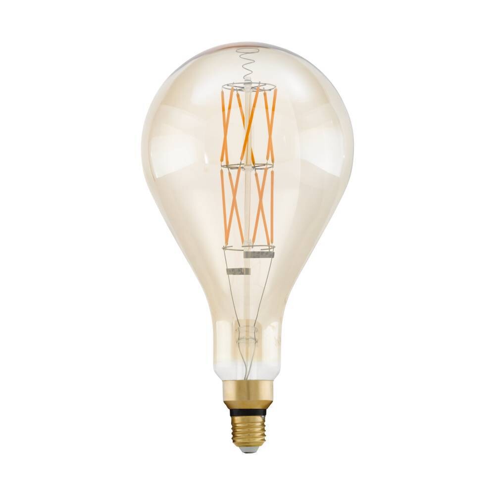 Hochwertiges EGLO LED Leuchtmittel in amberfarbenem Glas hinweist, das ein behagliches Licht von 2100K abstrahlt