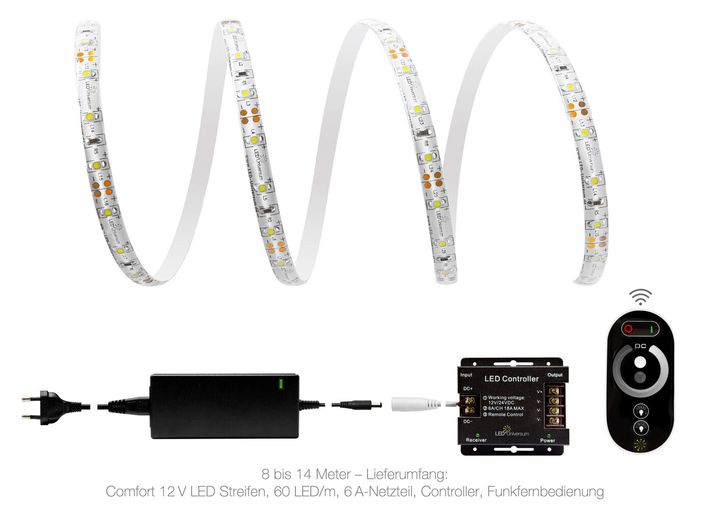 Hochwertiger, kaltweißer 12V Comfort LED Streifen von LED Universum mit 60 LEDs pro Meter und IP65 Schutz