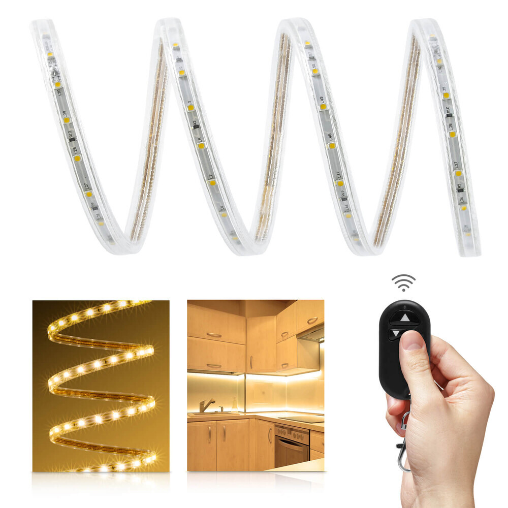 Professioneller warmweißer LED-Streifen von LED Universum, wasserdicht mit Endkappe und 2-poligem Dorn