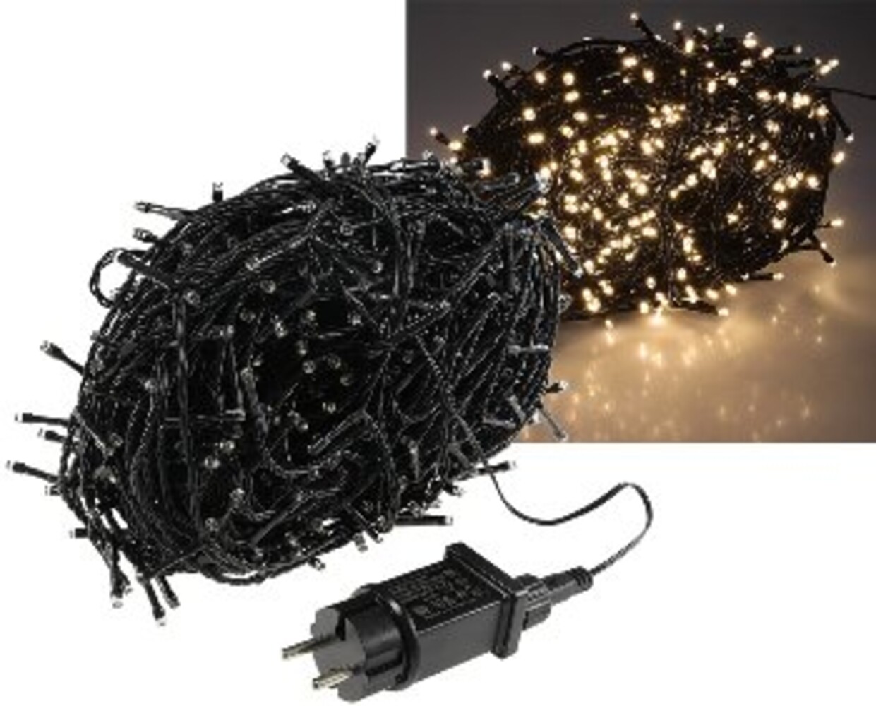 Eine herrlich leuchtende Lichterkette von ChiliTec zur stimmungsvollen Außenbeleuchtung in warmweiß mit schwarzem Kabel und 600 LEDs