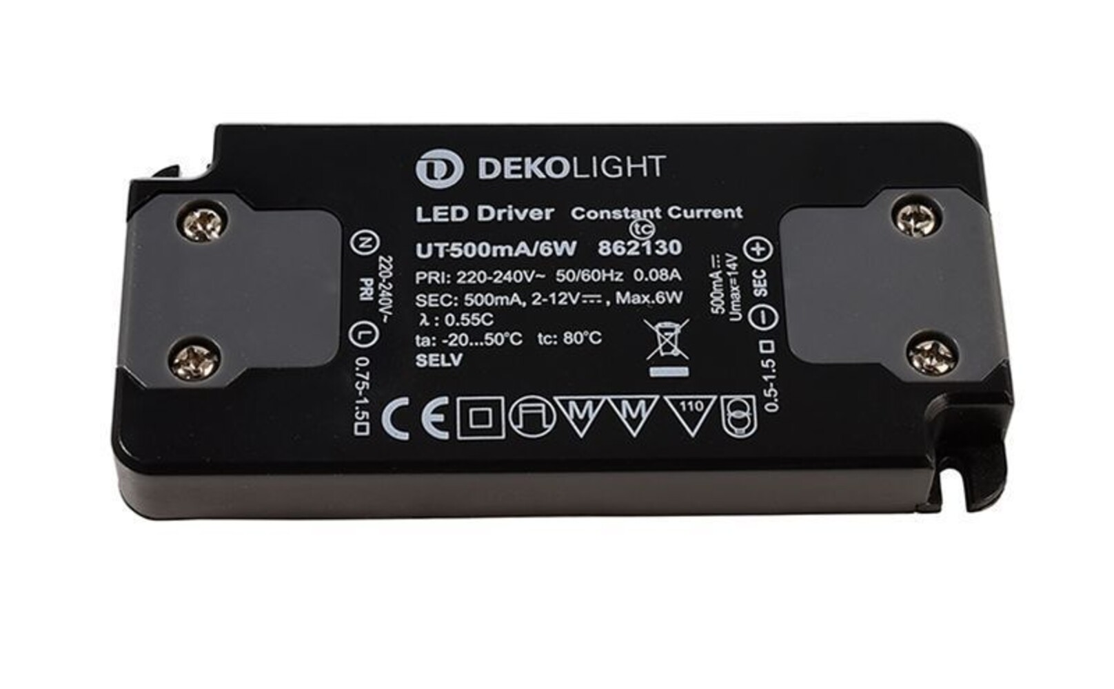 Hochwertiges LED Netzteil von Deko-Light in schlanker Flat-Ausführung für stromkonstante Anwendung, 6W Leistung, 500mA