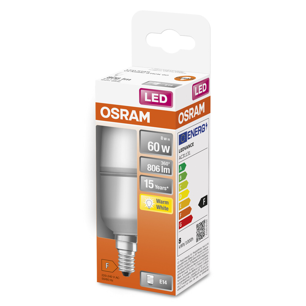 Innovatives LED-Leuchtmittel der Marke OSRAM mit einer Lichttemperatur von 2700 K, leuchtet mit einer Leistung von 8 W und einer Lichtstärke von 806 lm.