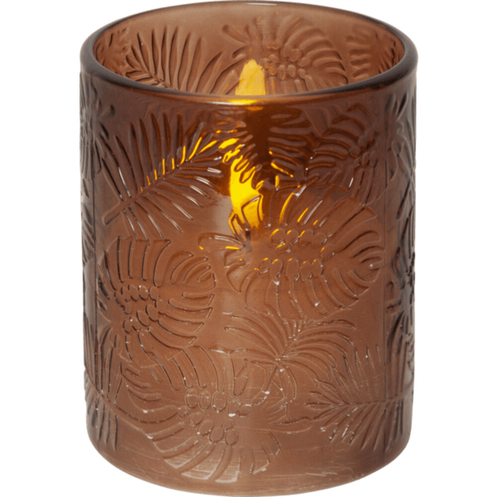 Hochwertige, stimmungsvolle LED-Kerze von Star Trading in einem eleganten braunen Glas mit Blattmuster und realistischer Flamme