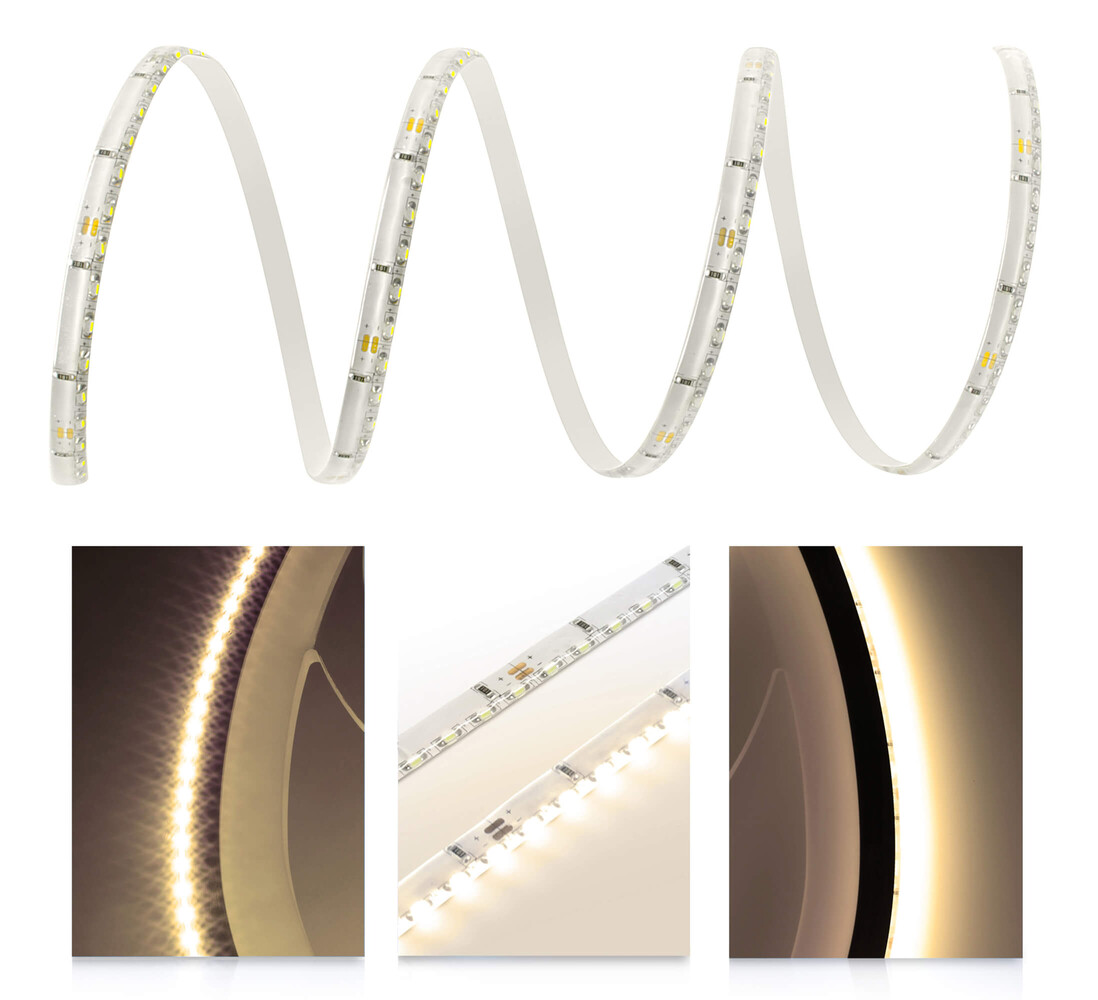 Premium LED Streifen in warmweiß mit 120 LEDs pro Meter, geschützt gegen Spritzwasser (IP65), von LED Universum