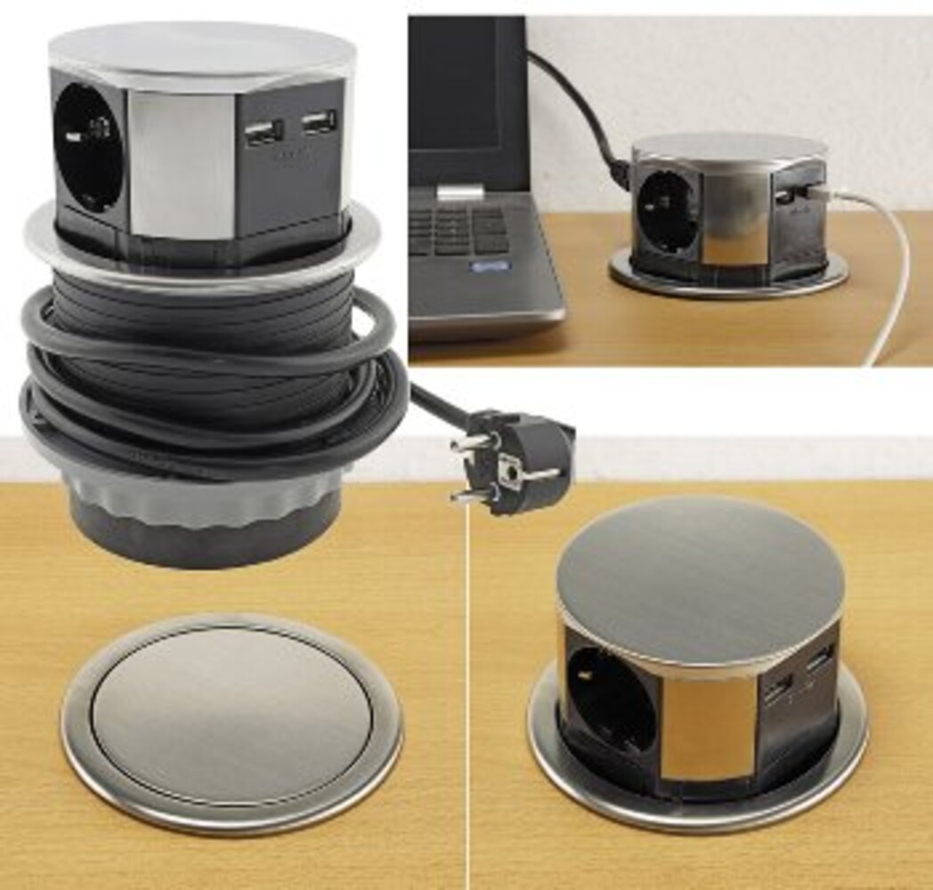 Eine runde, versenkbare Einbausteckdose in Edelstahl von ChiliTec mit USB-Ports
