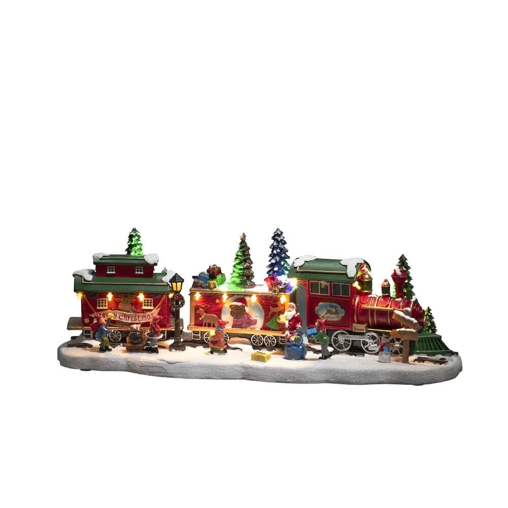 Buntes LED Szenerie-Bild von Konstsmide mit Zug, zwei Waggons und einem rotierenden Weihnachtsbaum