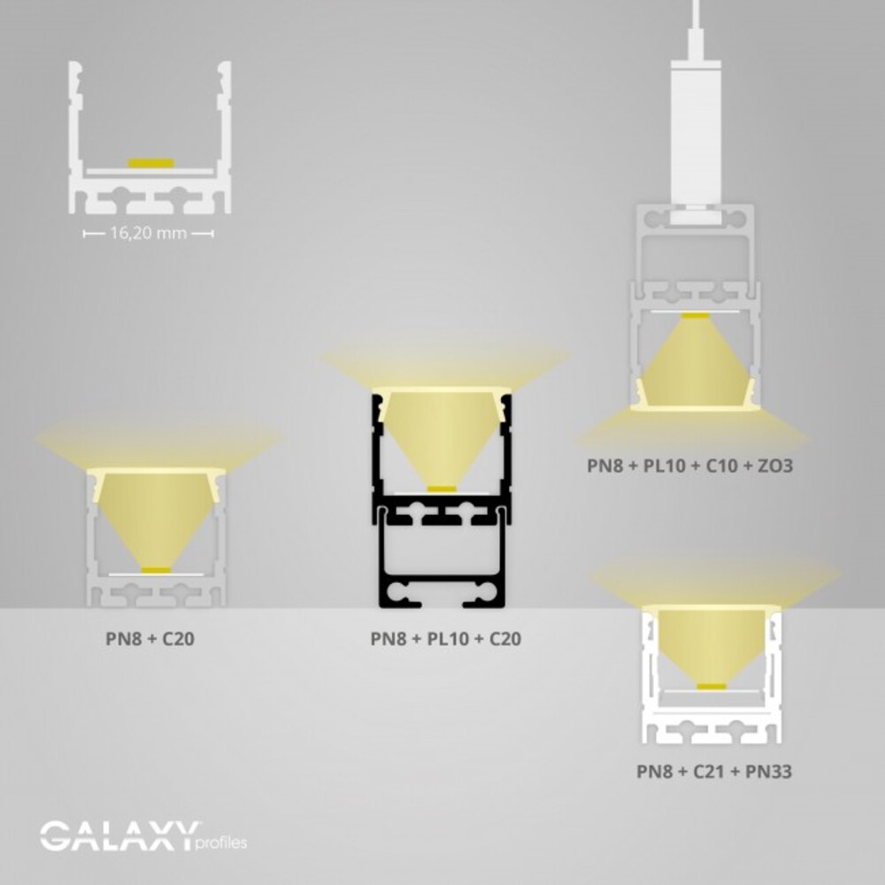 Schlankes, weißes LED-Aufbauprofil von GALAXY profiles beleuchtet den Raum