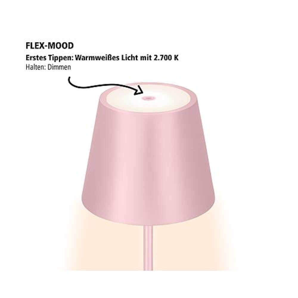 Eine elegante, rosa SIGOR Stehleuchte Nuindie für den Außenbereich, ausgestattet mit LED und Akku