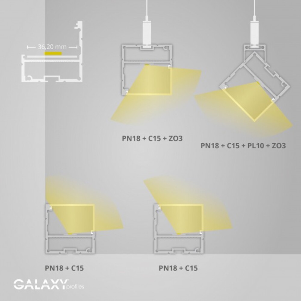 Asymmetrisches 200 cm LED Aufbau Profil von GALAXY profiles für Stripes mit max. 35 mm Breite