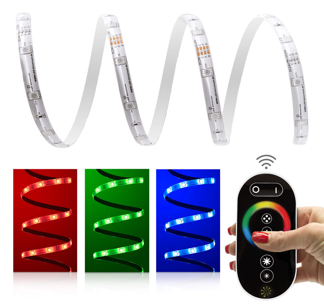 Hochwertiger LED Streifen von LED Universum mit 30 bunten LEDs pro Meter und inklusive praktischer Fernbedienung