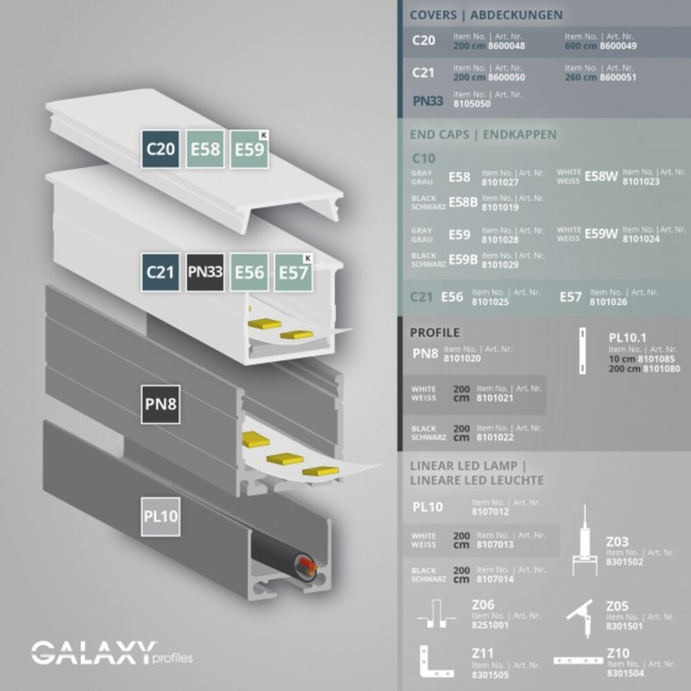 Hochwertiges LED Profil von GALAXY profiles, Schlankes Design, Perfekt für LED Stripes mit einer Breite bis zu 16 mm
