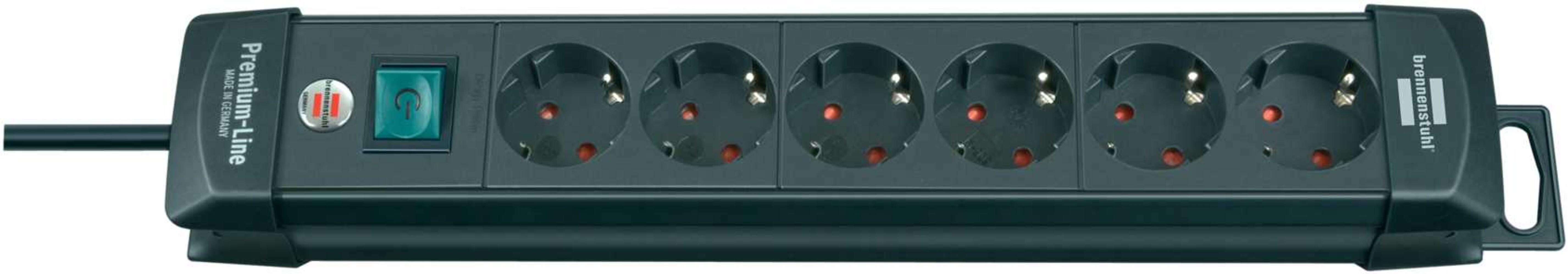 Hochwertige schwarze Steckdosenleiste der Brennenstuhl Premium Line mit 6 fach Steckerleiste, Schalter und 3m Kabel