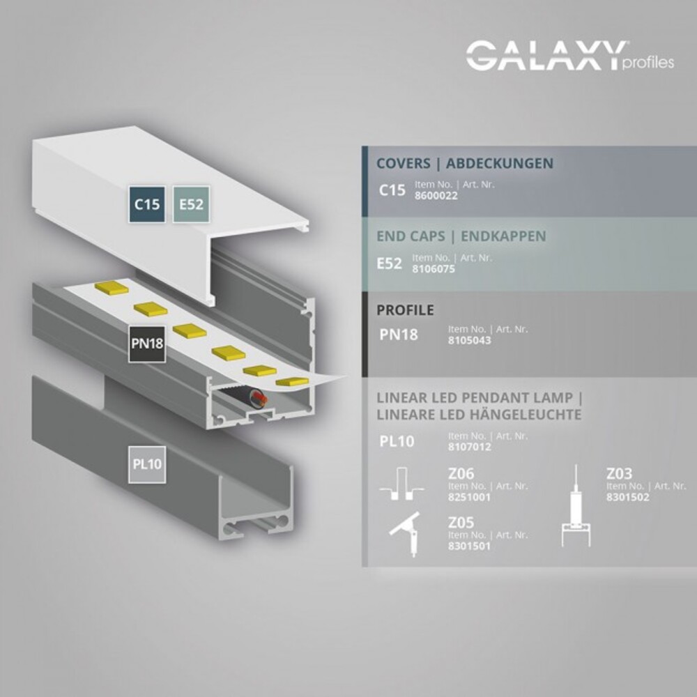 GALAXY profiles LED Profil in 200 cm Länge, asymmetrisch geformt, geeignet für LED Stripes bis zu 35 mm Breite