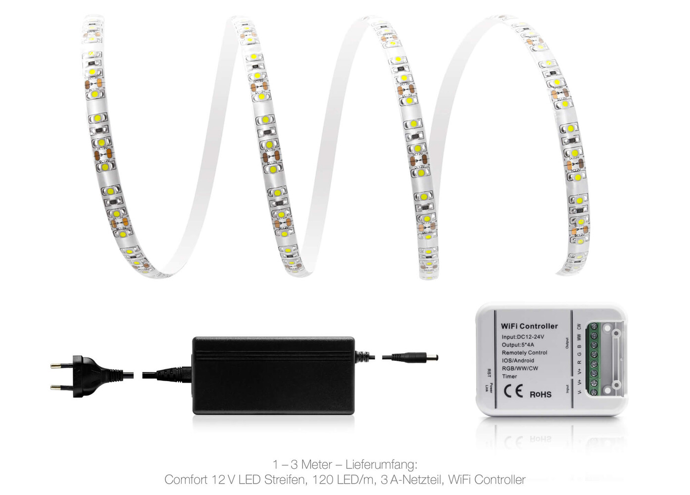Hochwertiger kaltweißer LED Streifen von LED Universum mit WLAN Set und Magic Home Netzteil
