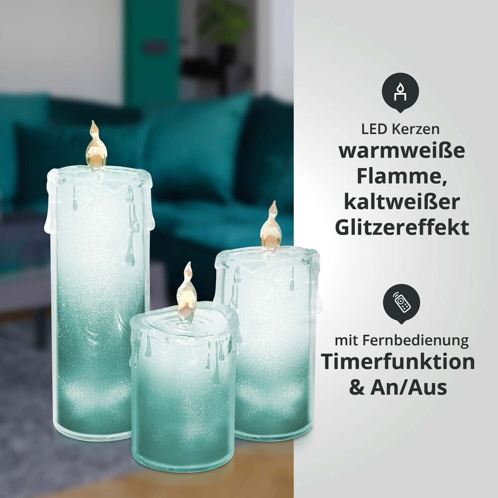 Türkise LED Kerze mit Acryl und Glitzereffekt in 3er Set, inklusive Fernbedienung und Timer von der Marke LED Universum