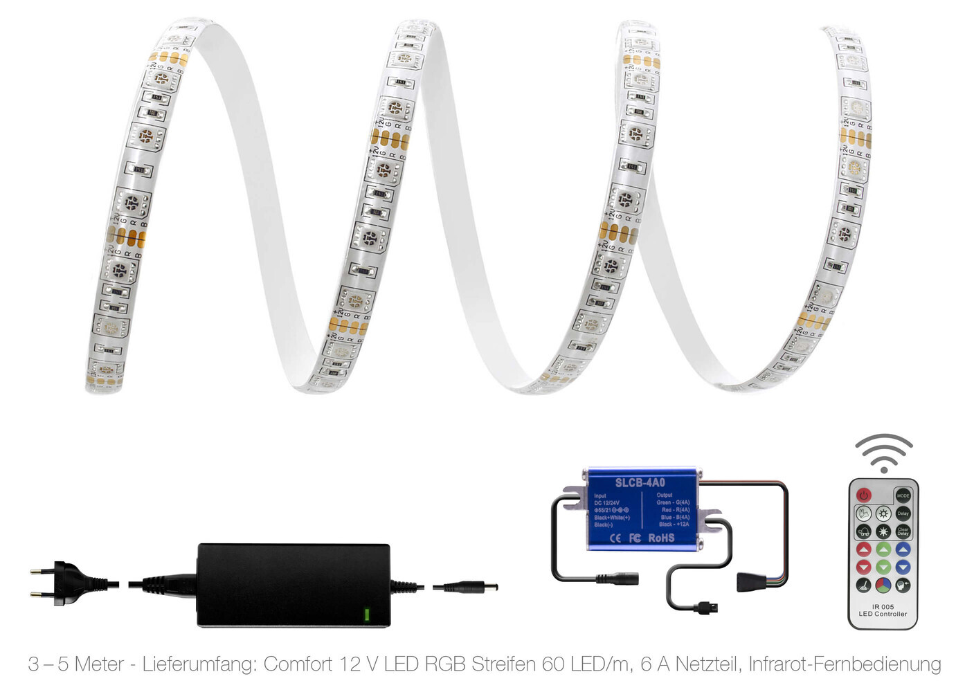 Hochwertiger farbenfroher 12V LED Streifen mit 60 Leuchteinheiten pro Meter von LED Universum, inklusive Fernbedienung und Netzteil
