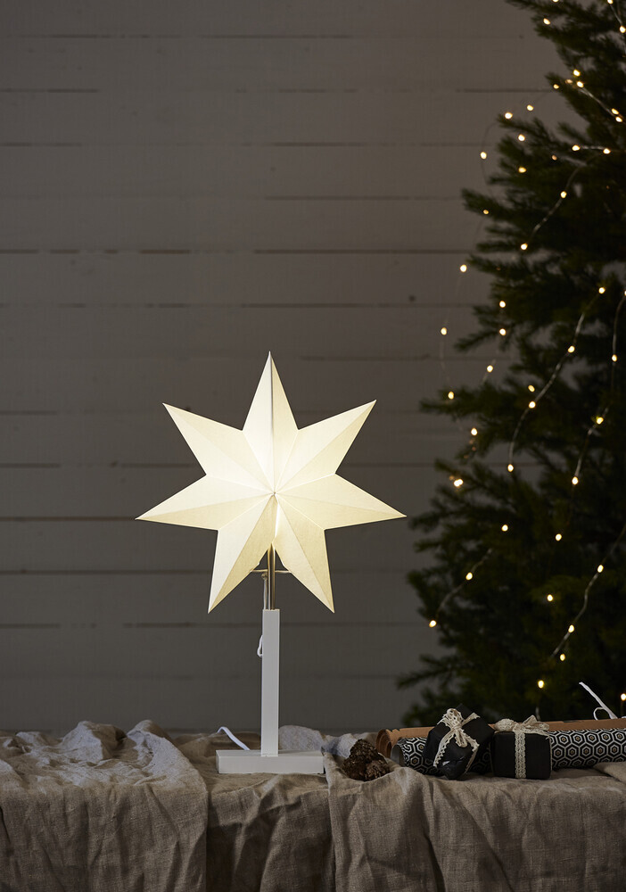 Stilvolle beige-weiße Stehlampe von Star Trading aus Holz und Papier mit E14 Fassung