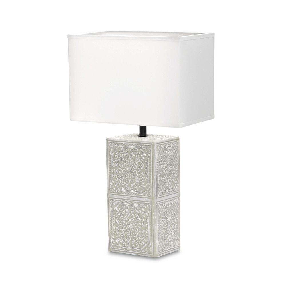 Elegante Tischleuchte aus Keramik mit eckigem Stoffschirm, in Weiß und Grau gemustert von LED Universum