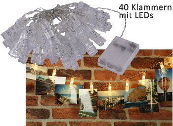 LED Lichterkette mit 40 Foto-Clips, warmweiß, transp. Kabel, Batteriebetrieb