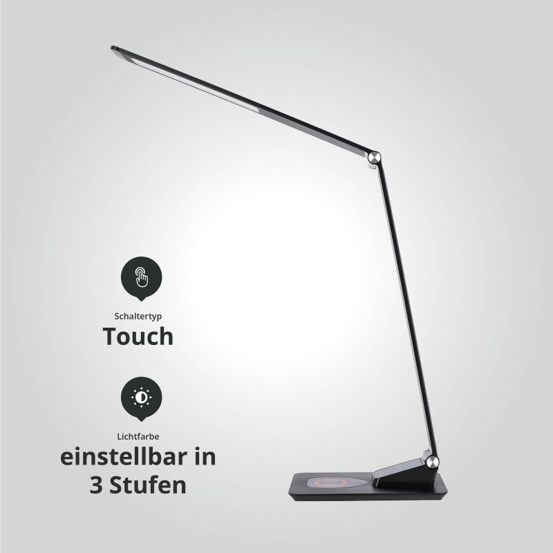 LED Schreibtischlampe Aluminium QI-Ladeschale USB-Anschluss dimmbar in 5 Stufen schwarz 7W
